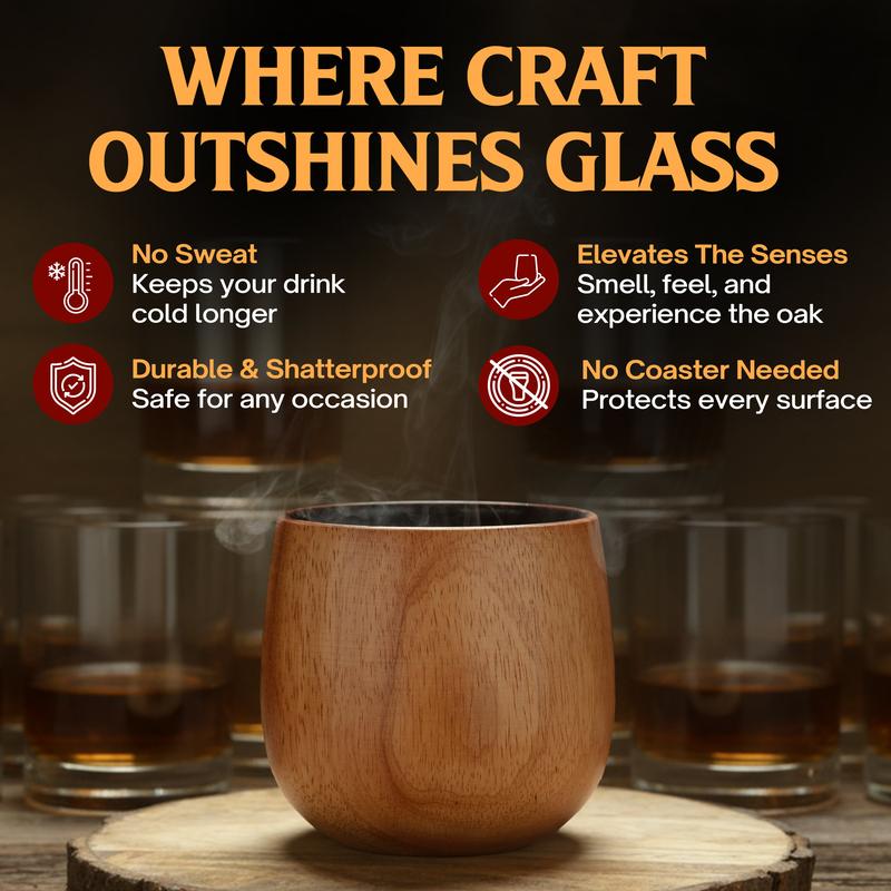 Wooden Whiskey & Bourbon Drinking Glass Tumbler Cup